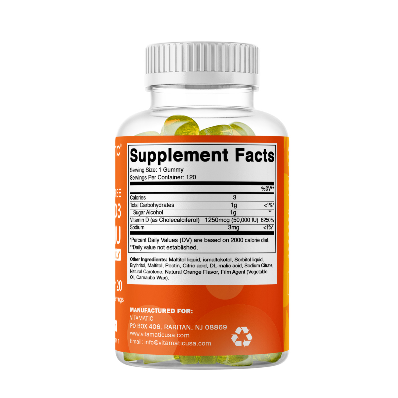 Vitamatic Sugar Free Vitamin D3 (50,000 IU) – 120 Pectin Based Gummies.