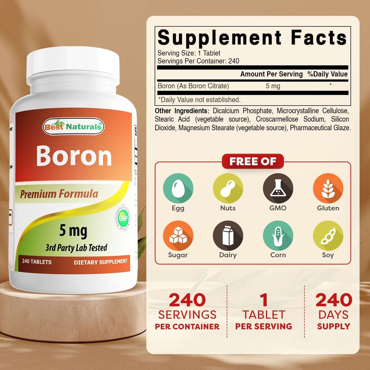 Boron Supplements 5mg – 240 Tablets (Pack of 3) – Supports Bone Health & Hormona