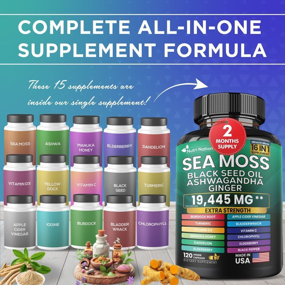 Sea Moss, Black Seed Oil, Ashwagandha, Turmeric, Ginger (16 in 1) 3 Bottle sale