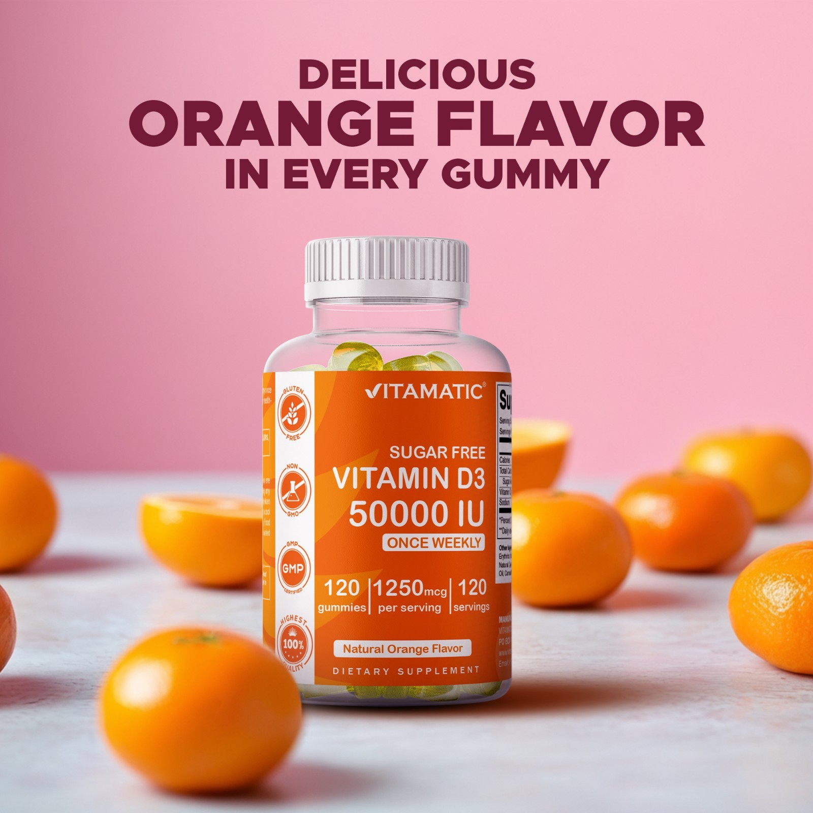 Vitamatic Sugar Free Vitamin D3 (50,000 IU) – 120 Pectin Based Gummies.