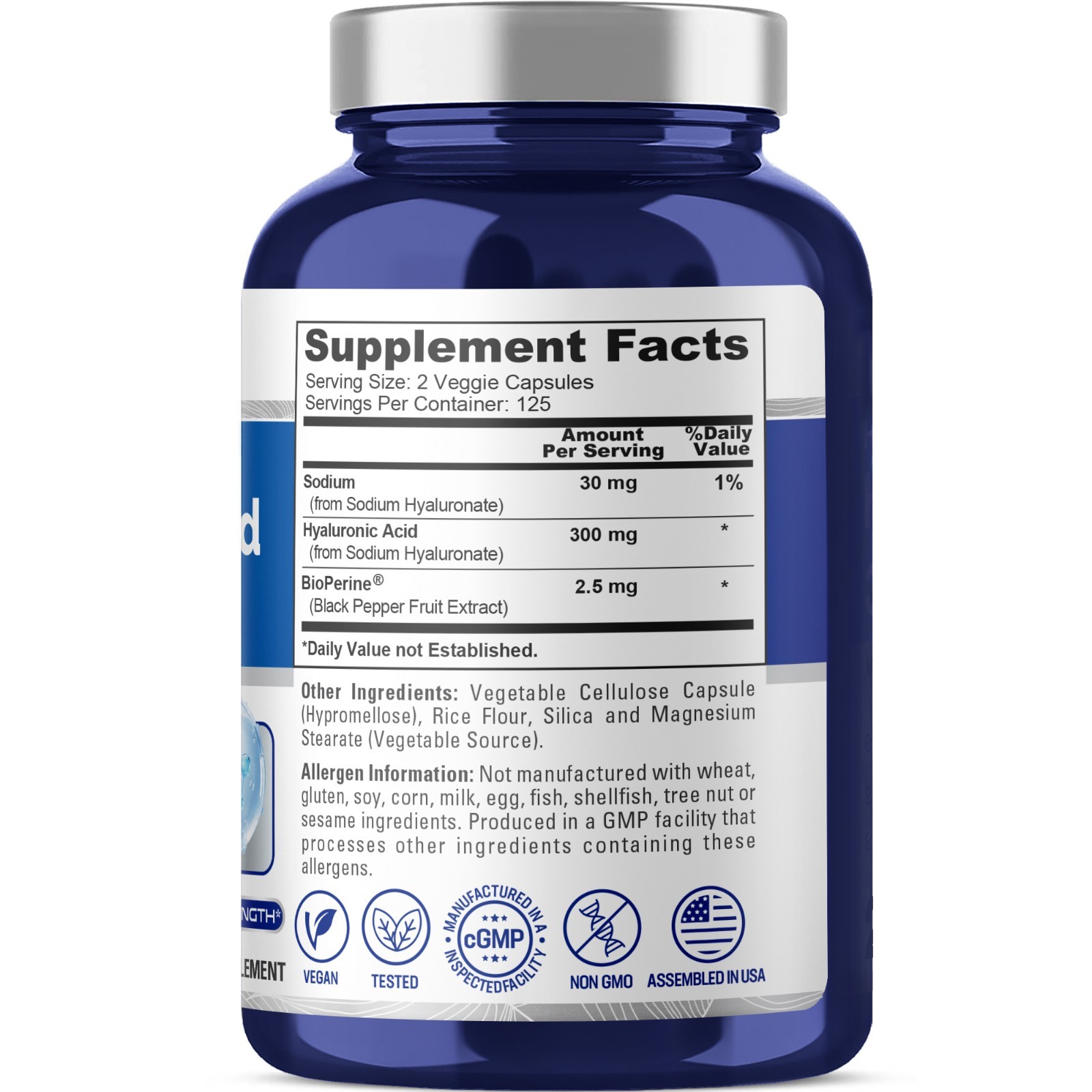 NusaPure Hyaluronic Acid 300mg 250 Capsules (Non-GMO & Gluten Free)