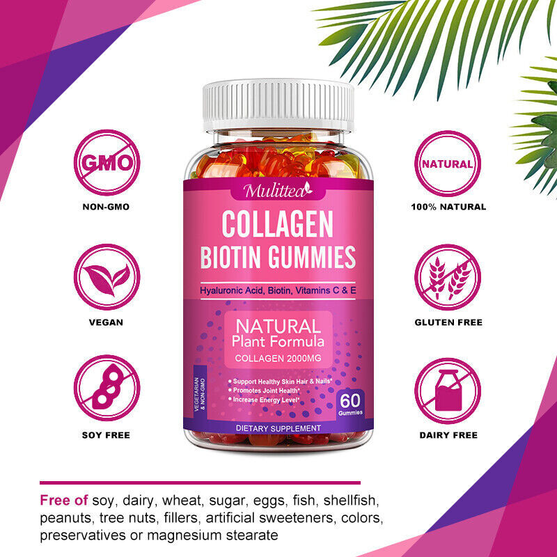 Collagen Biotin Gummies – Vitamin C Boost Skin/Hair Health 60pcs Vitamins