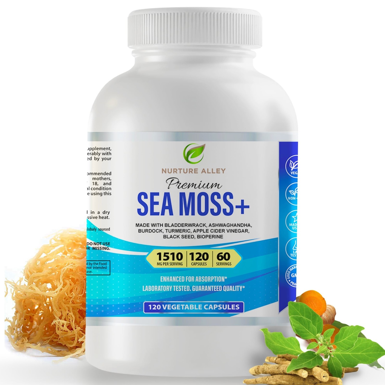 Premium Organic Sea Moss 1600mg plus Bladderwrack & Burdock – Keto, Detox, Gut