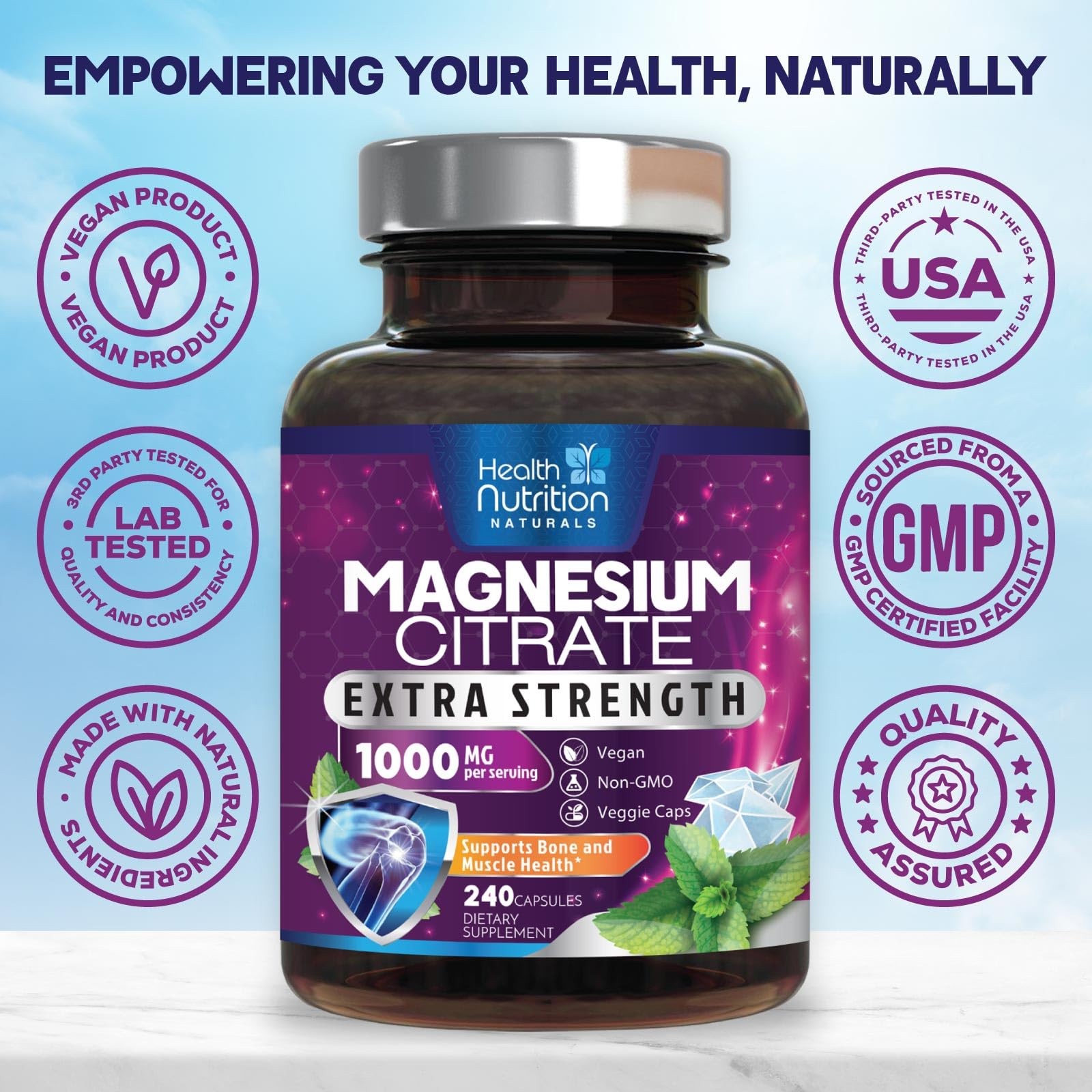 Magnesium Citrate 1000mg Per Serving – Max Absorption 240 Count (Pack of 1)