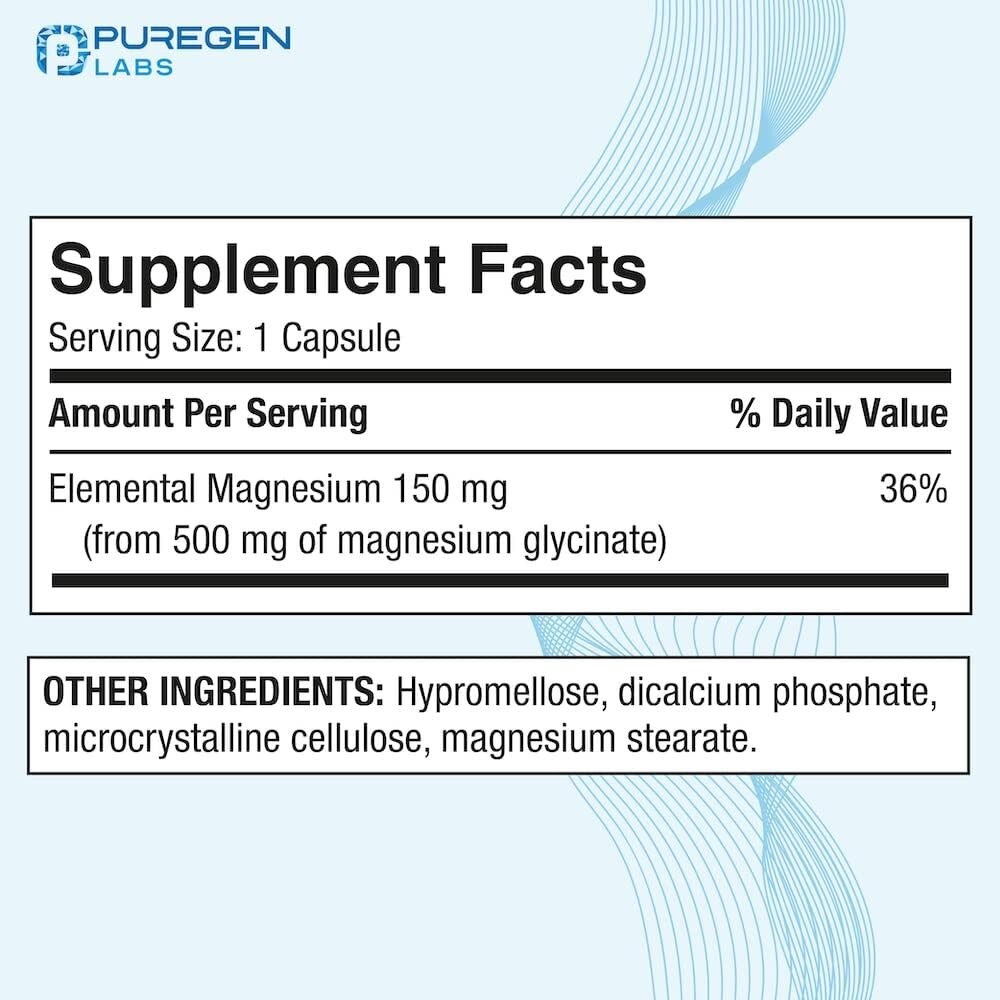 Puregen Labs Magnesium Glycinate 500mg High Potency 120 Veggie Caps Pack of 3