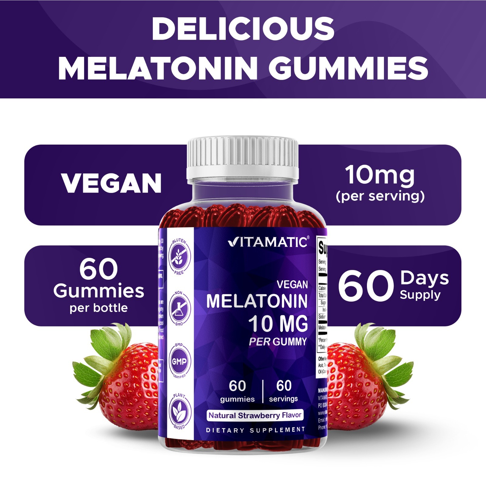 Vitamatic Melatonin 10mg per gummy – 60 Servings – 60 Vegetarian Gummies