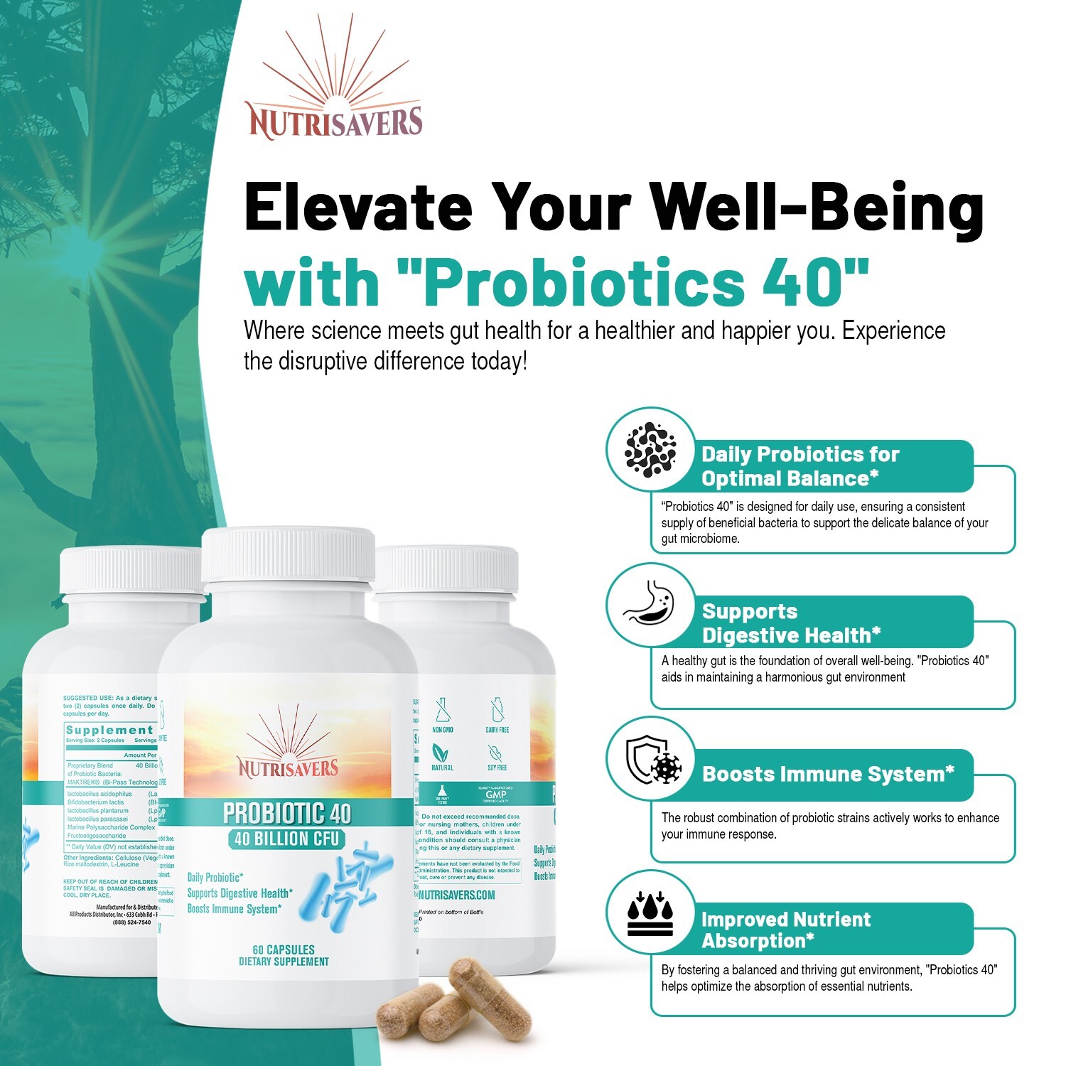 Probiotic Digestion Support 40 Billion CFU Body Defense 60 Vegan Caps