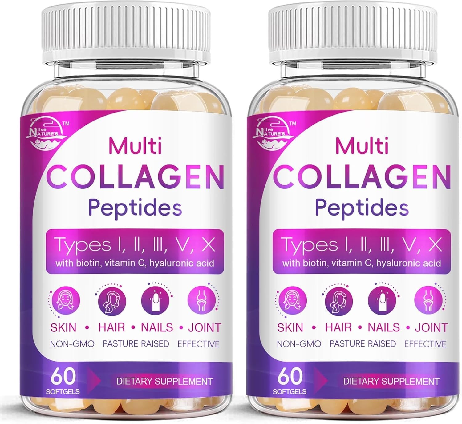 Multi Collagen Peptides Softgel – Type I, II, III, V, X 60 Count (Pack of 2)