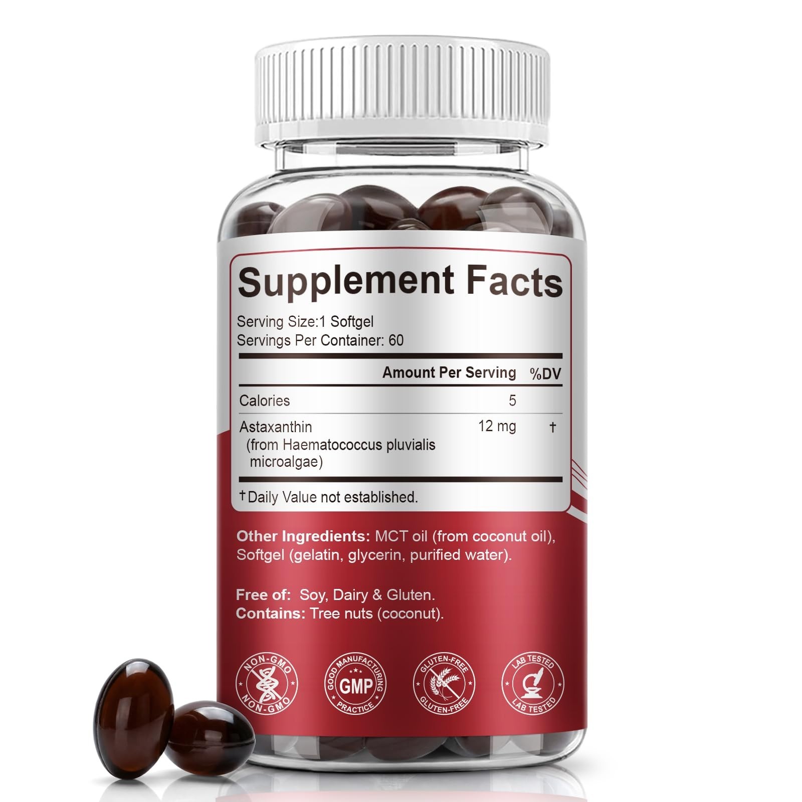 Astaxanthin 12mg with MCT Oil, 60 Softgels – Premium Antioxidant for Skin & Eye