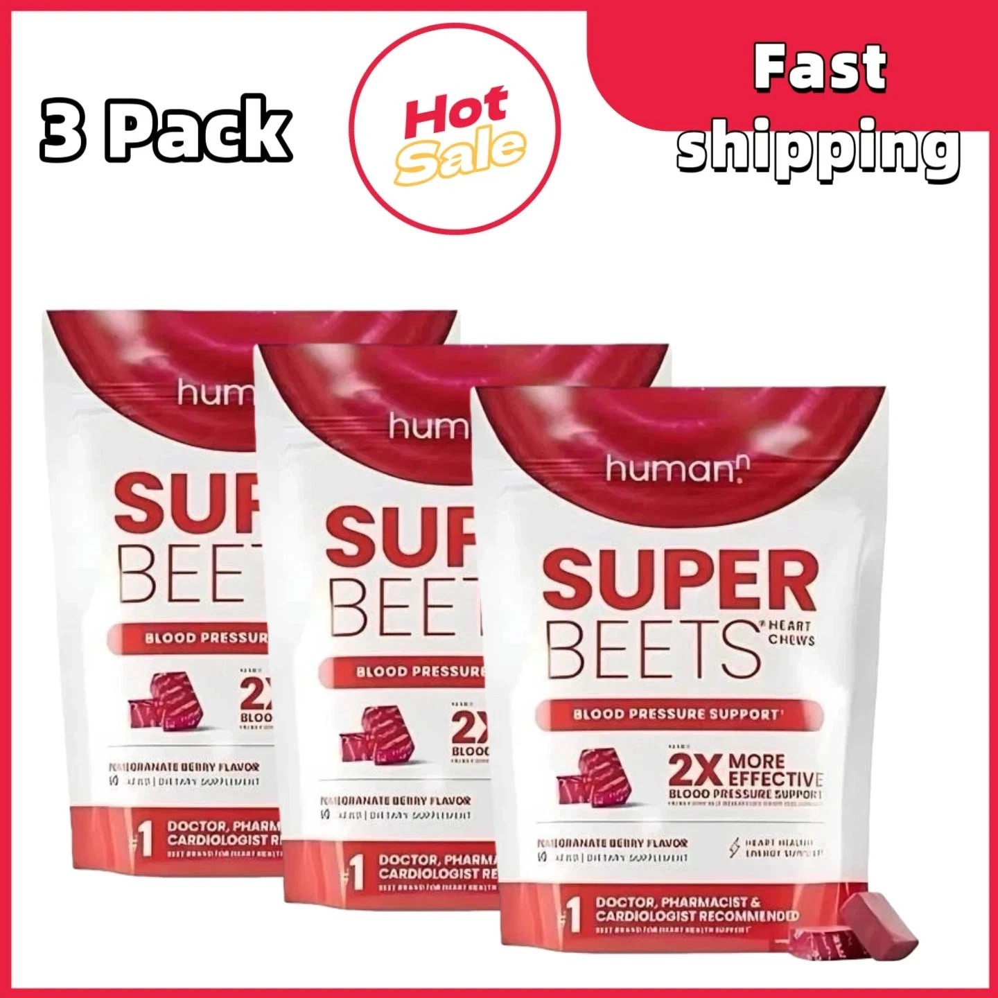 3Pack Heart Super Beets / Pomegranate amount 60 Chews to Human-N Health