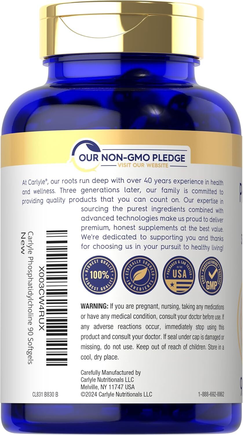 Phosphatidyl Choline 1,680mg | 90 Softgels | Non-GMO & Gluten Free | by Carlyle