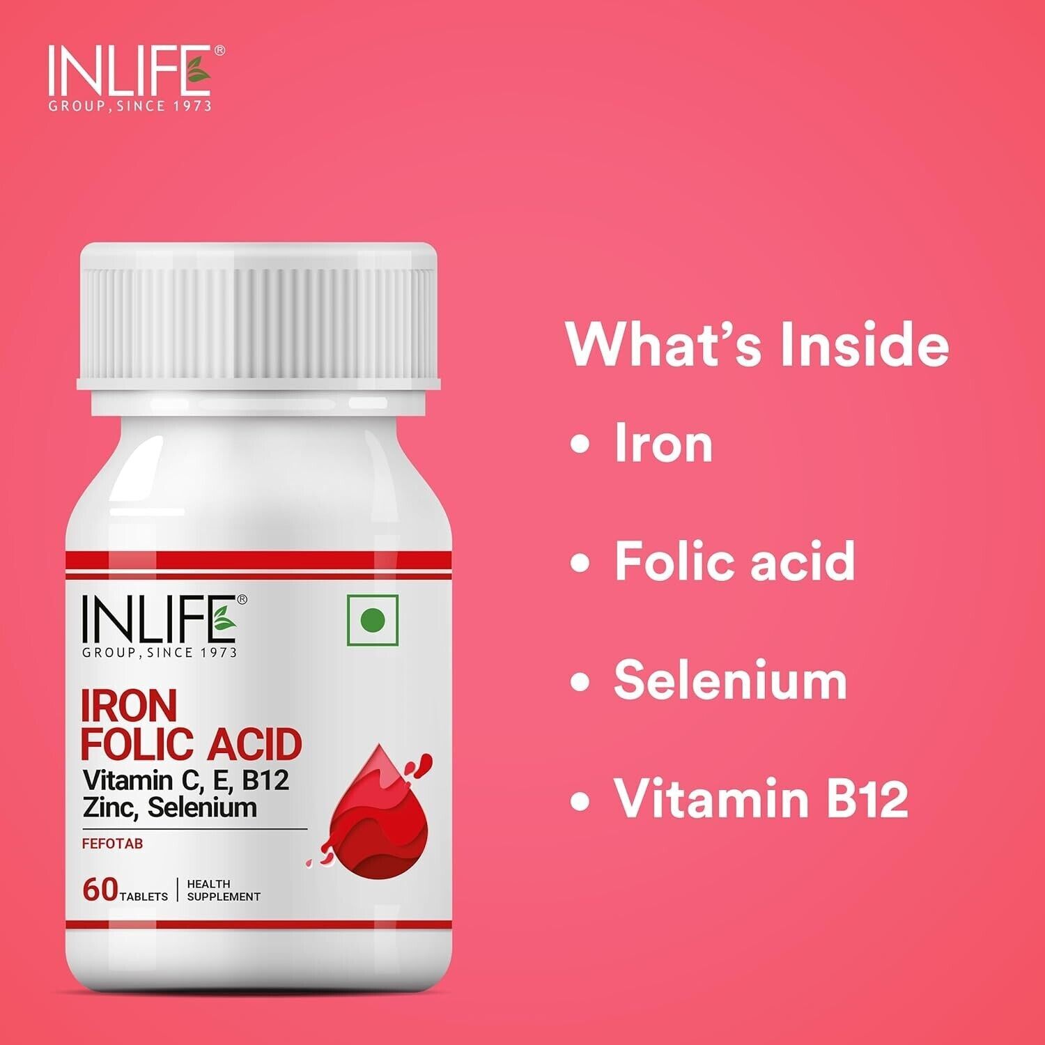 INLIFE Iron with Folic Acid, Zinc, Vitamin C, E & B12 (60 Tablets)