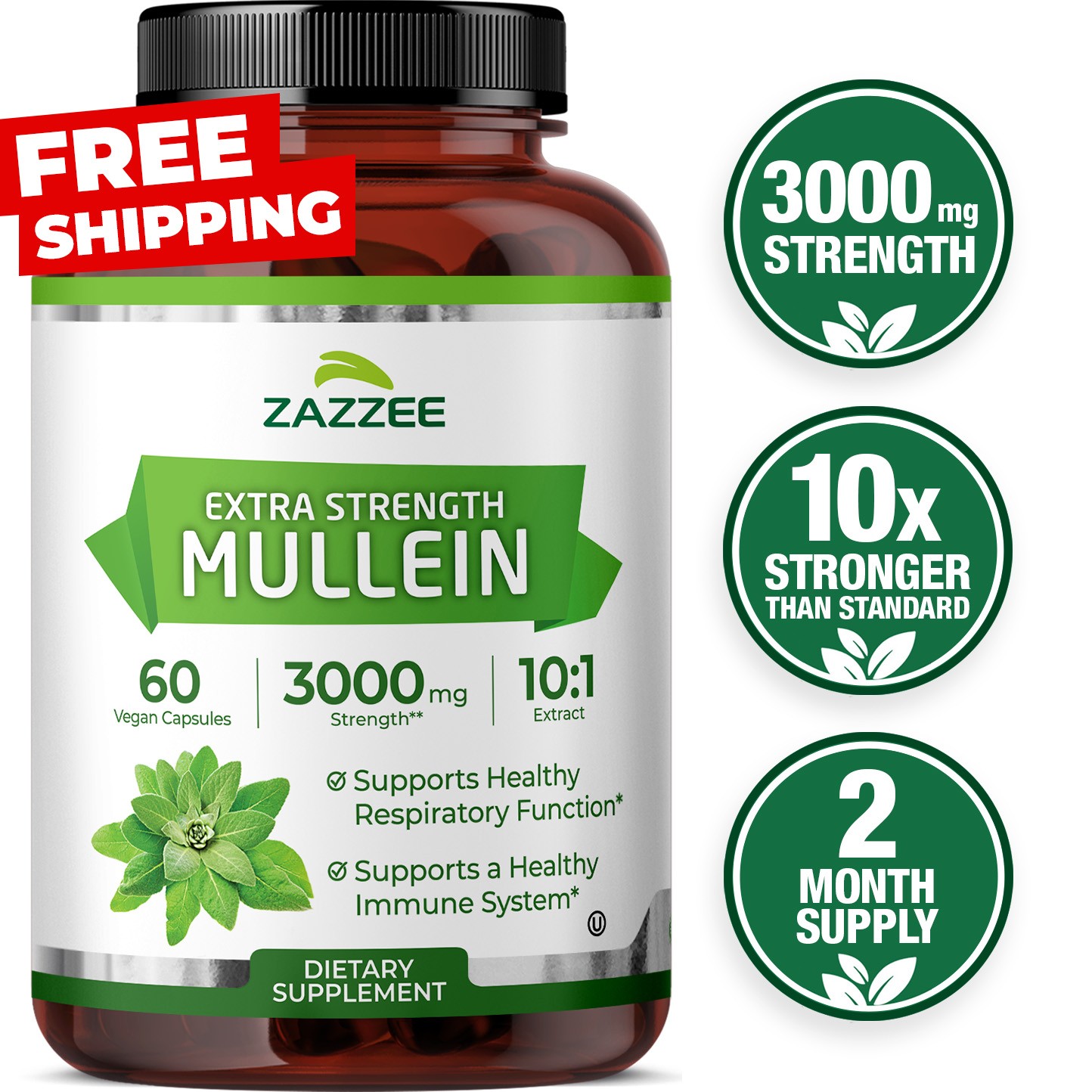 Zazzee Mullein 10:1 Extract, 3000 mg Strength, 60 Vegan Capsules, Kosher