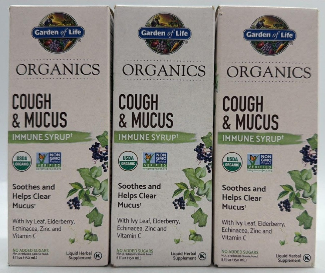 3PK Garden of Life Organics Cough & Mucus Immune Syrup ~ 5 FL OZ EACH ~ EXP 1/27