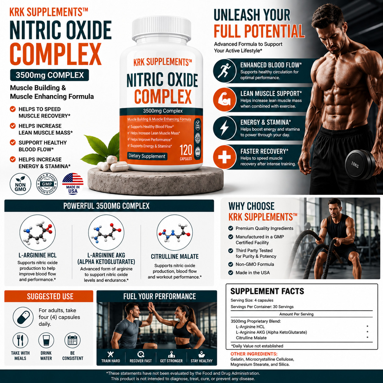 1 Nitric Oxide 3500mg L-Arginine AKG Citrulline Keto Muscle Pump Growth Pills