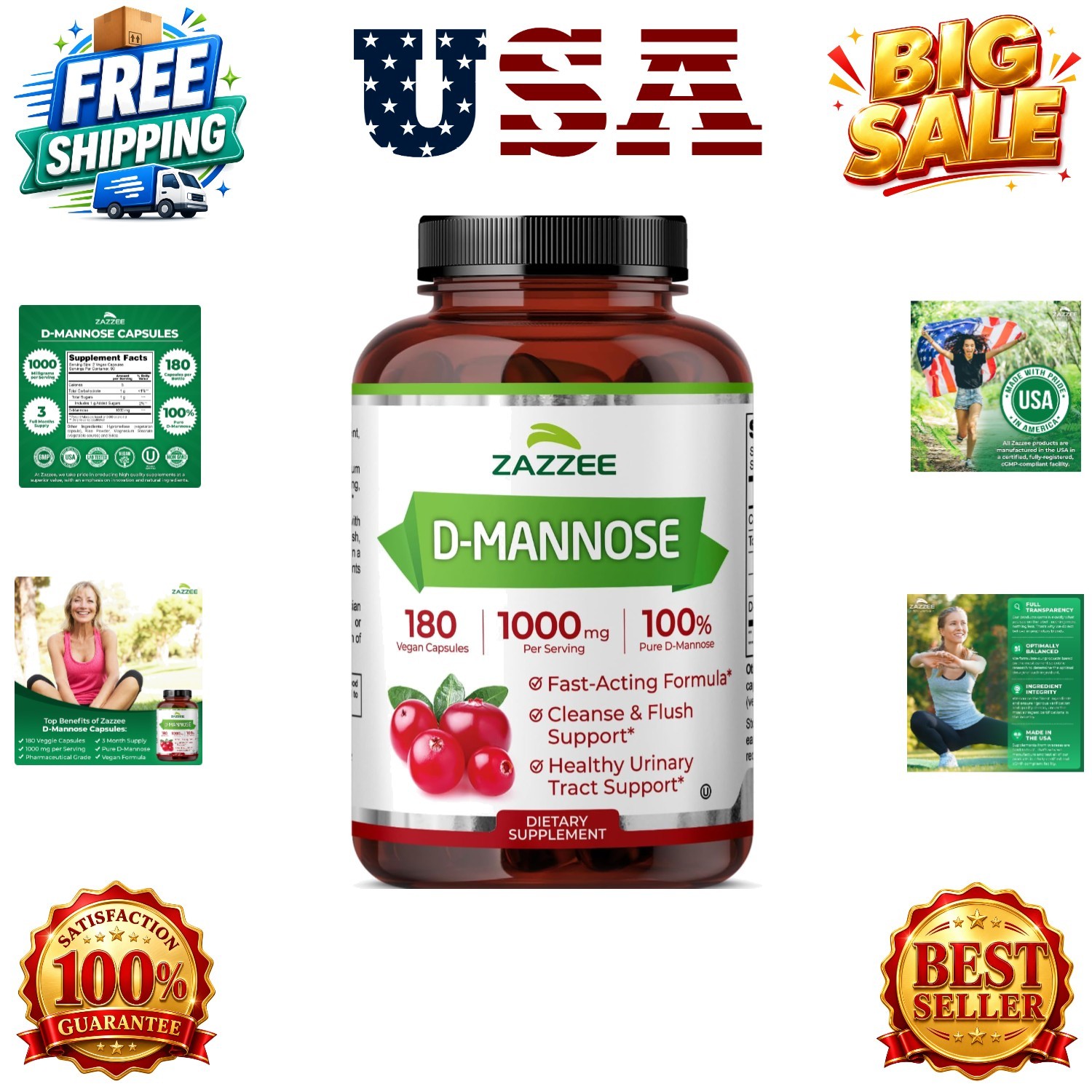 D-Mannose, 1000 mg per Serving, 180 Capsules, 3 Supply, Potent & Fast-Actin…