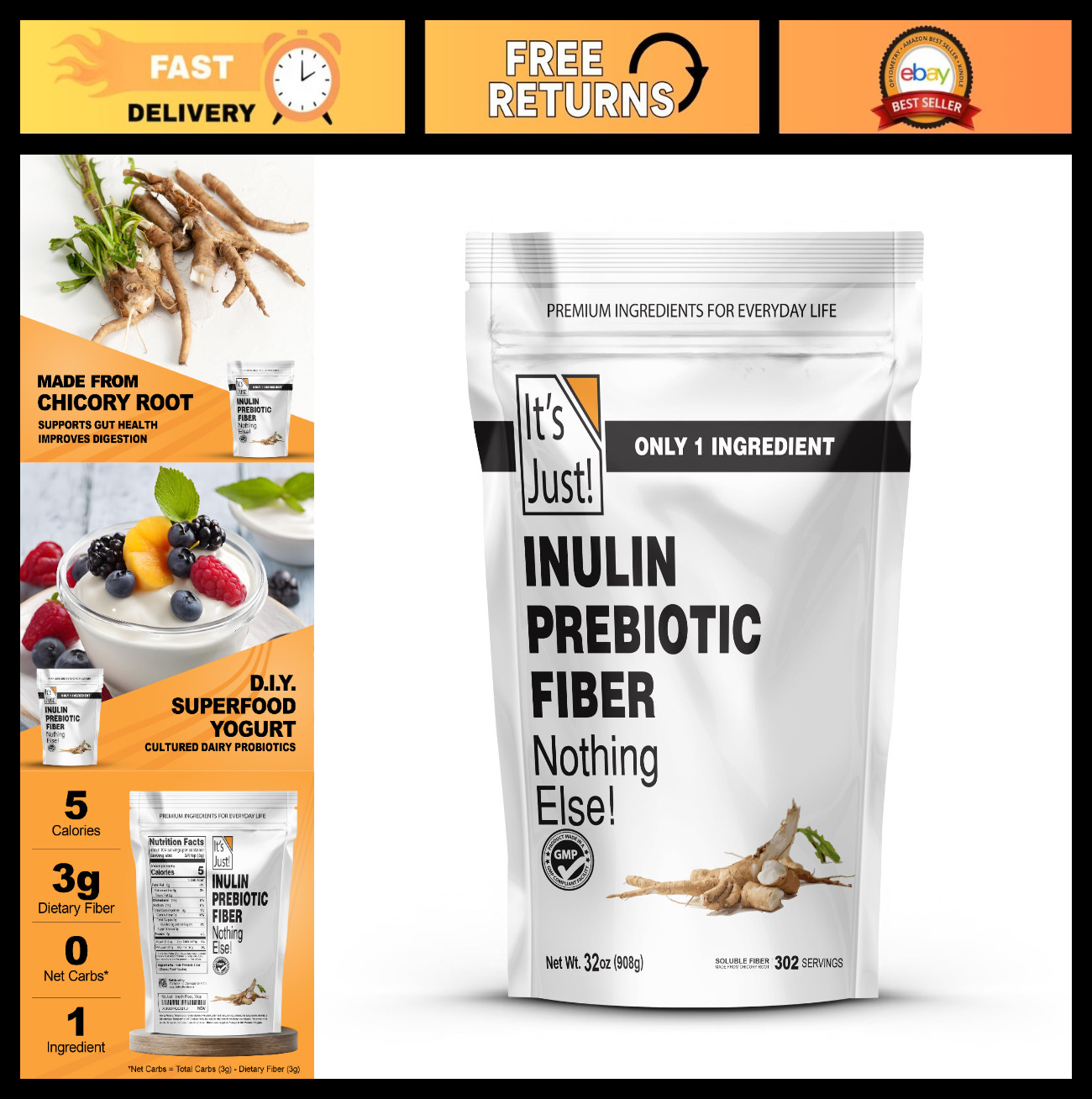 Inulin Prebiotic Fiber Powder – Water Soluble Chicory Root, Gut Health, Vegan, K