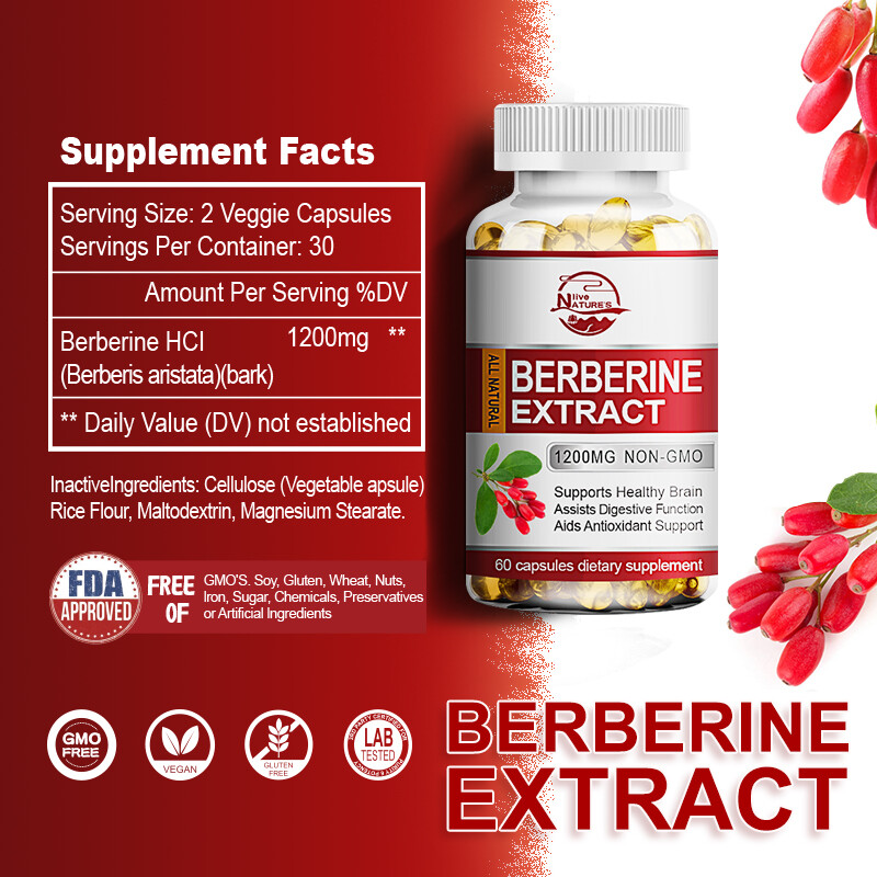 Berberine HCL 1200mg Cholesterol Blood Sugar Health General Wellness 60/120 Pcs