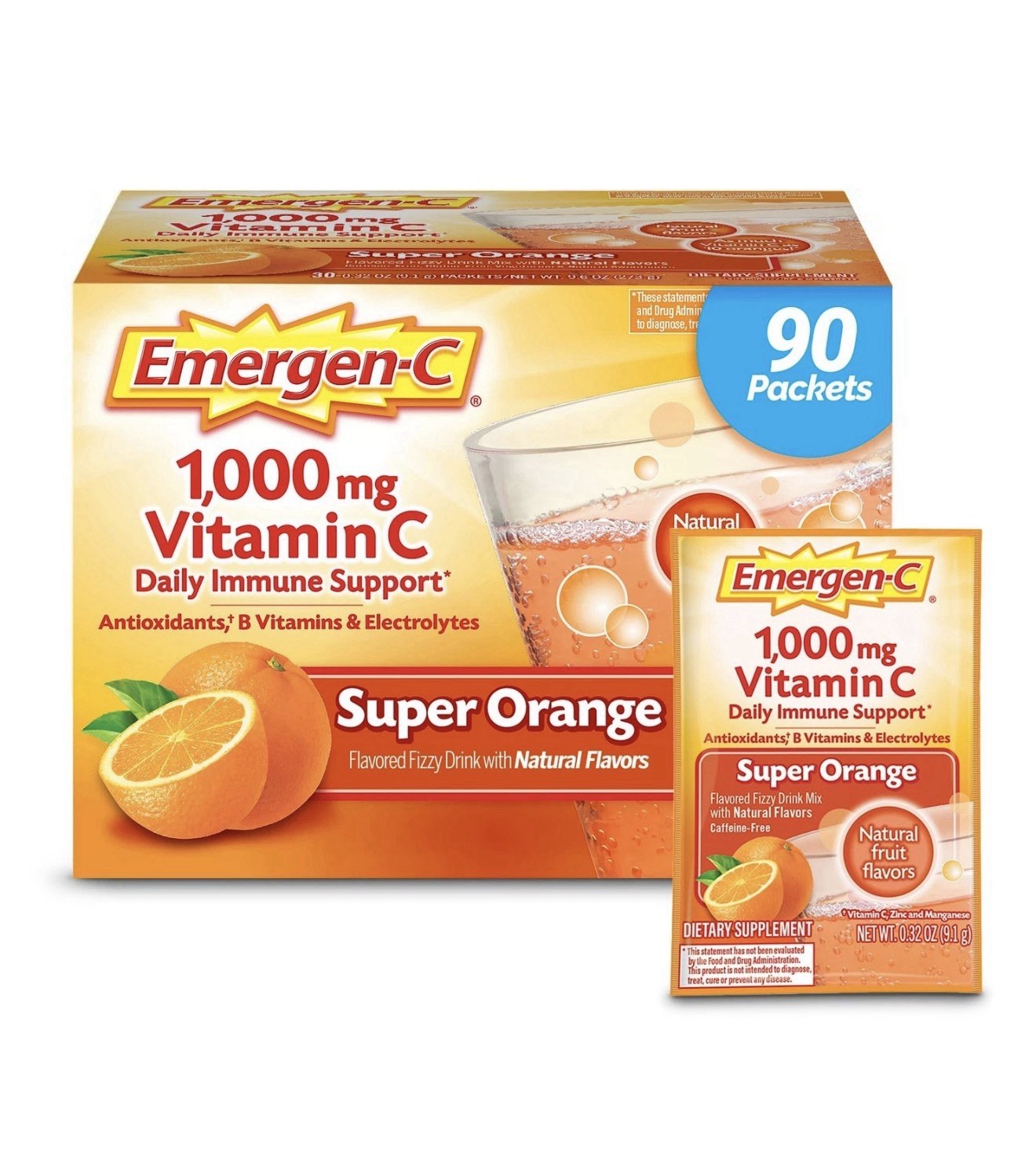 Emergen-C 1000mg Vitamin C Super Orange 90 Pack New Exp 10/2025