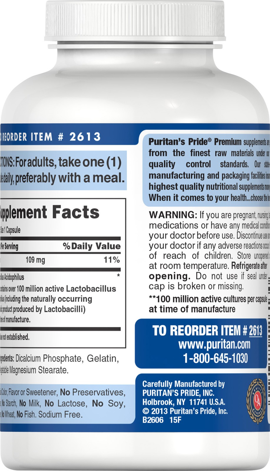 Puritan’s Pride Probiotic Acidophilus – 250 Capsules