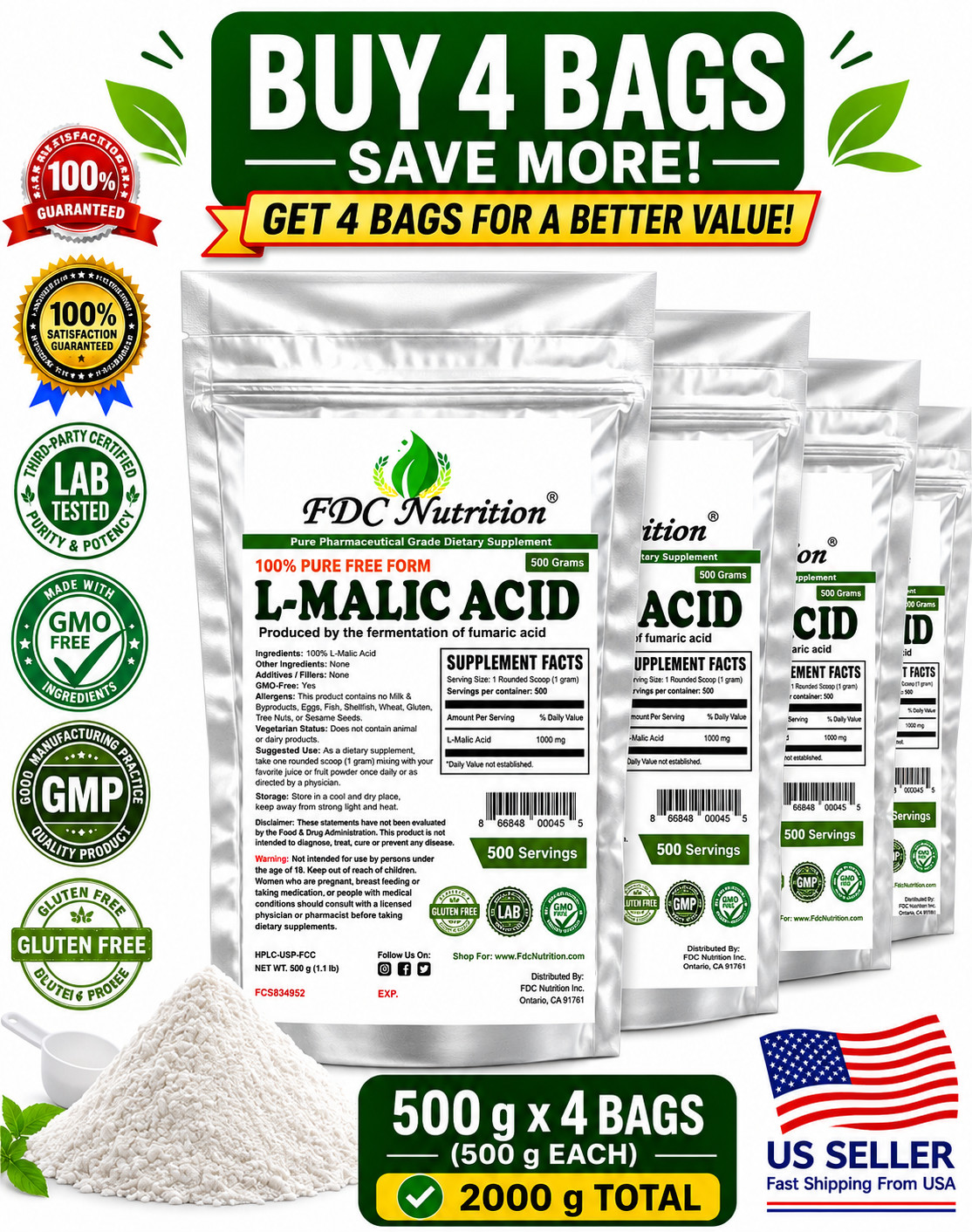 L-Malic Acid Powder 500g x 4 Bags (2000g Total) Pure Pharmaceutical Grade