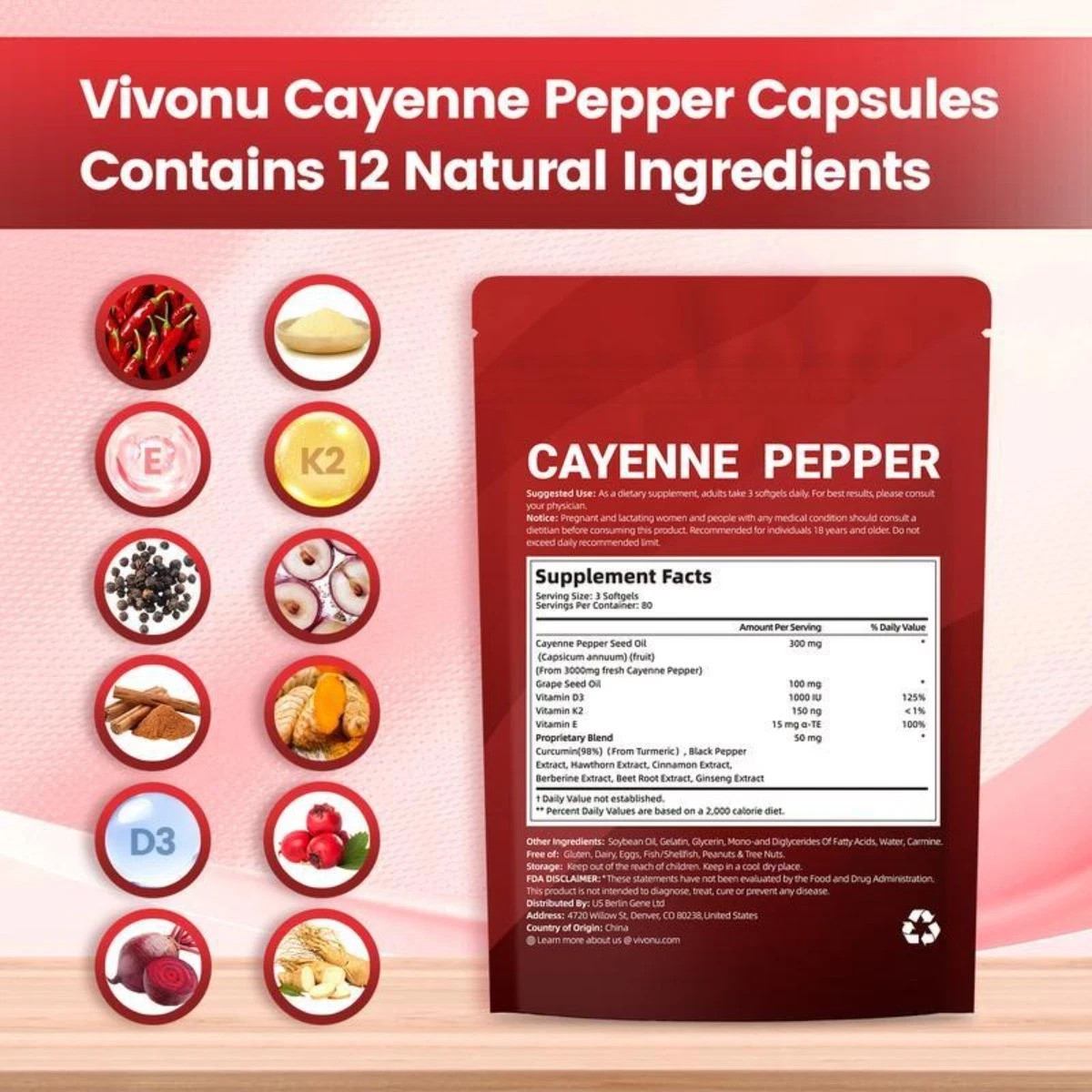 VivoNu Cayenne Pepper Softgels – Leg Vein,Heart & Vessel Wellness|Vitamins E/D3+
