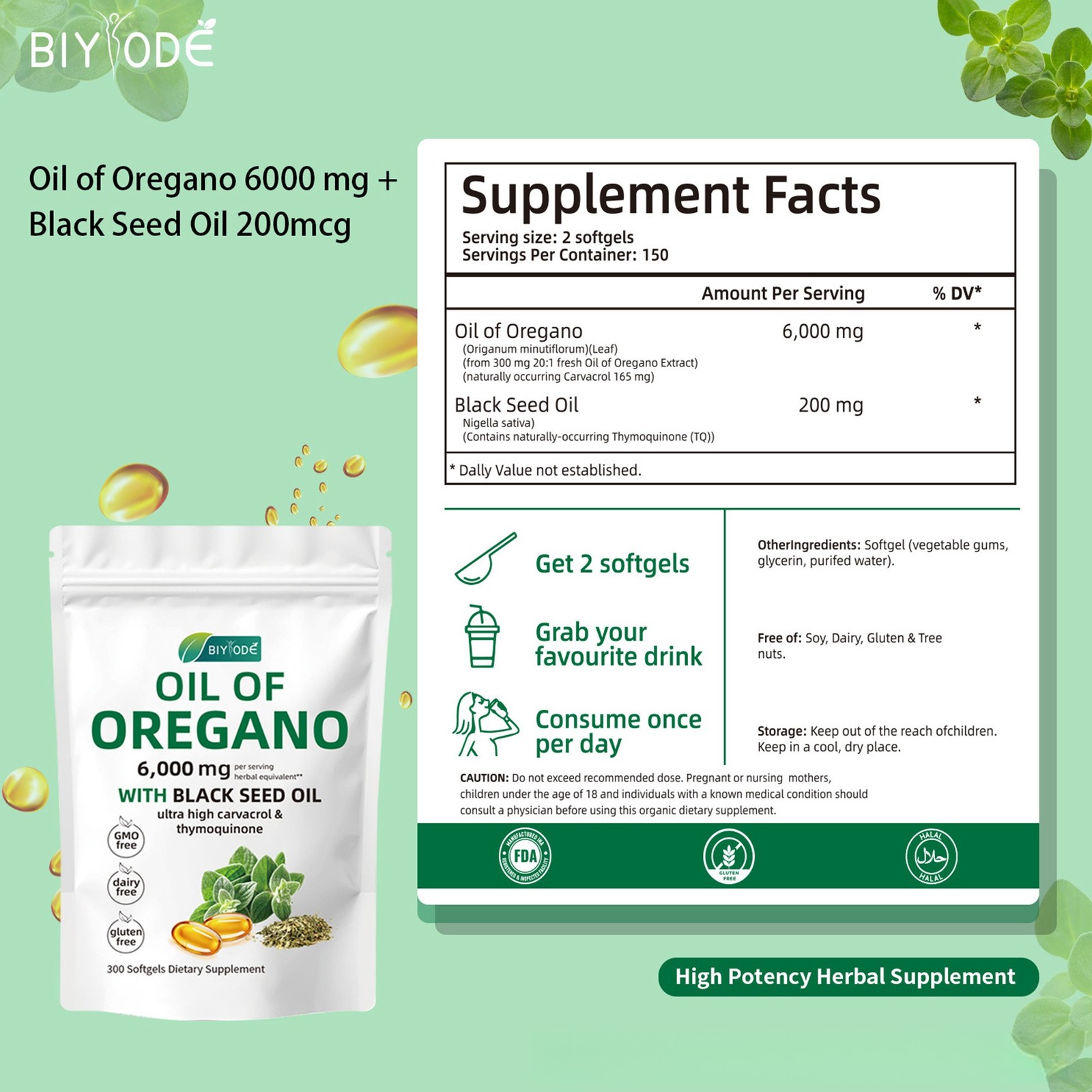 2 Oil 1 in of Oregano 3000 Softgels Black Seed Oil Herbal Supplement US
