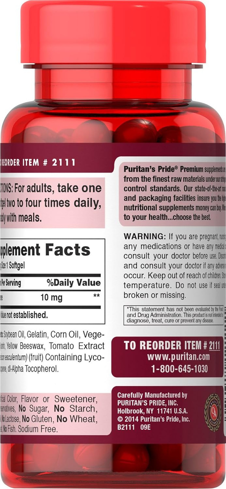 Puritan’s Pride Lycopene 10mg, Supplement for Prostate and Heart, 100 Capsules