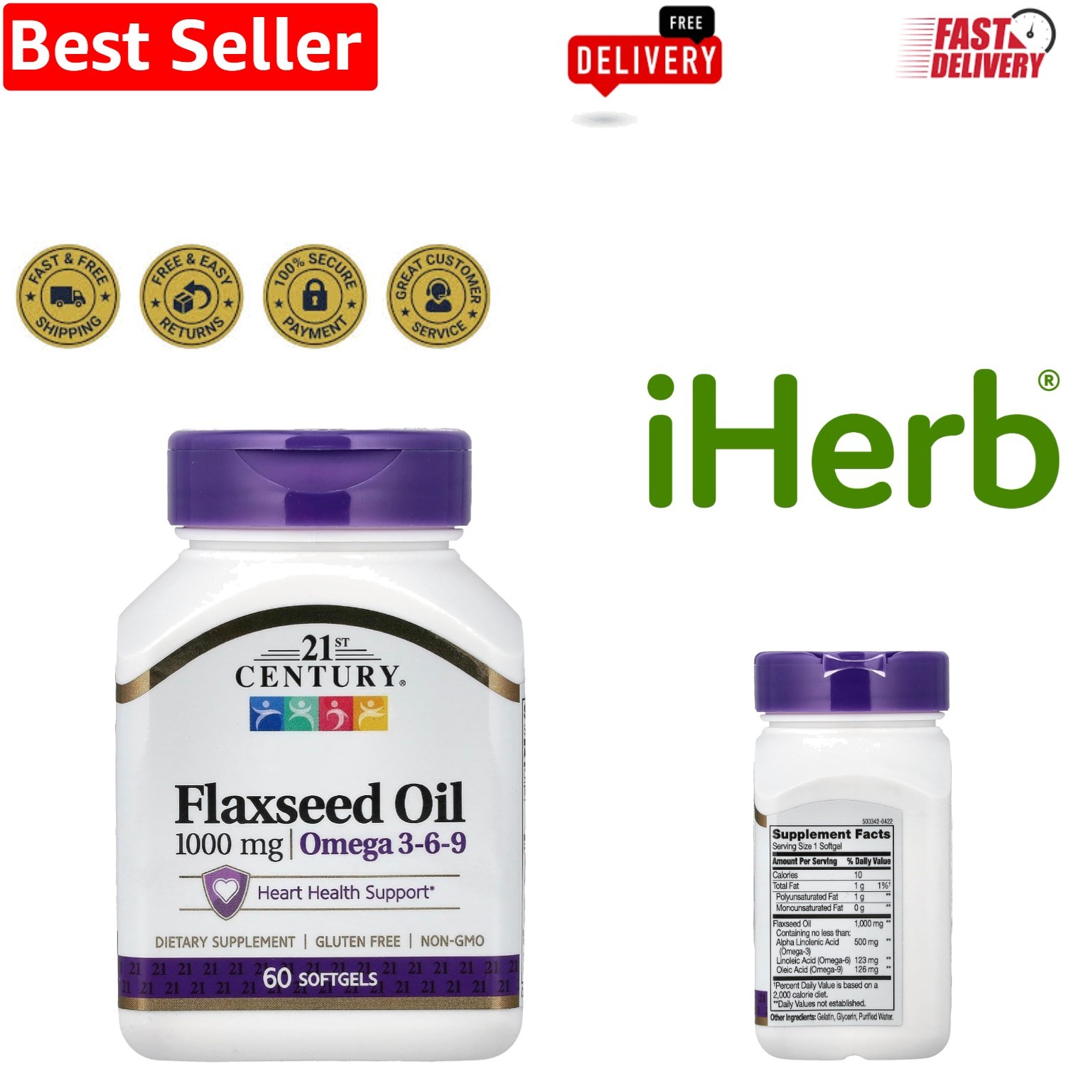 60 Count Flaxseed Oil 1000 mg Softgels – No Artificial Ingredients, Heart Health