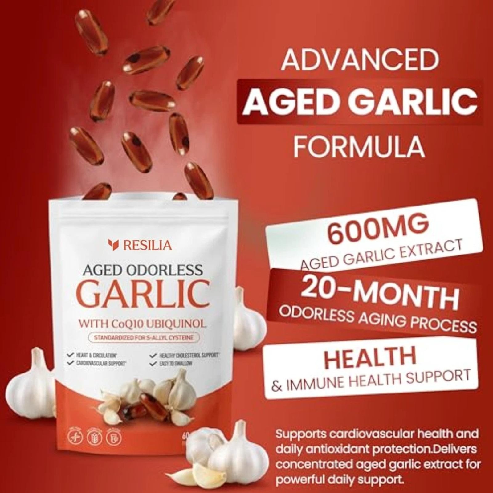 Resilia Garlic Extract 600mg Softgels (60 Count) – Odorless Aged Garlic Extract
