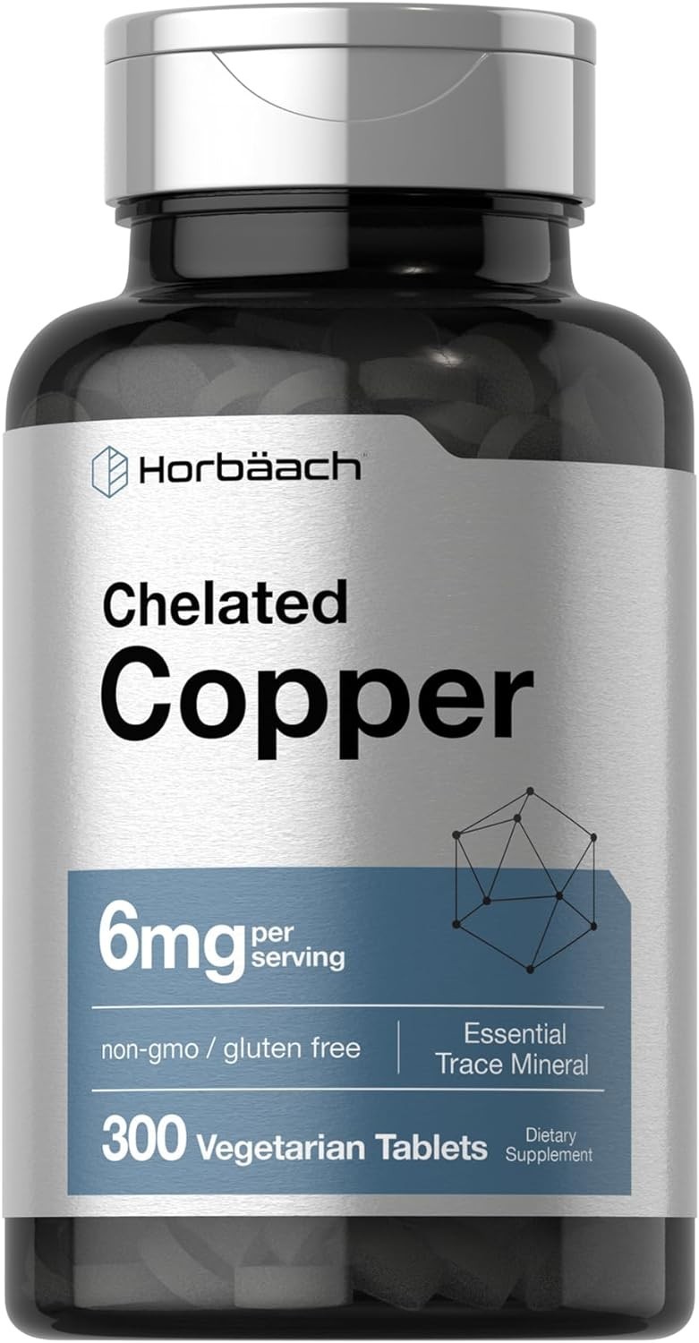 Chelated Copper Supplement 6mg, 300 Tablets, Non-Gmo & Gluten Free, by Horbaach