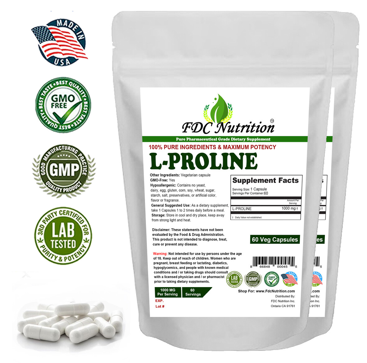 FDC Nutritiion L-proline Amino Acid Dietary Supplement 1000 Mg, 120 Count