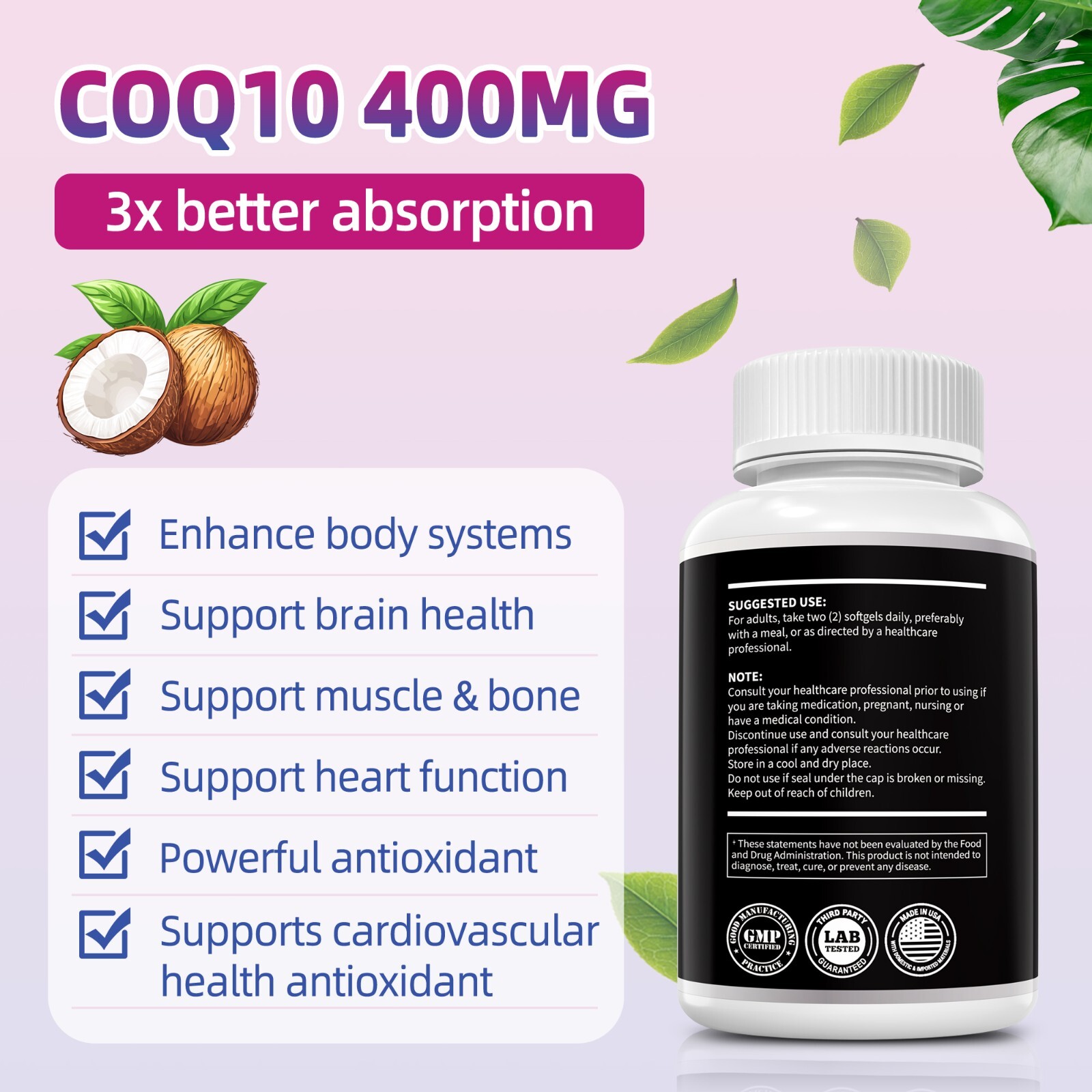 CoQ10 400mg Softgels, Dietary Supplement for Heart Health Support, 90 Softgels