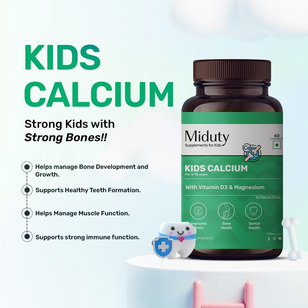 Miduty Kids Chewable Calcium 350mg w/ D3 K2 Magnesium Strong Bones 60 Tabs