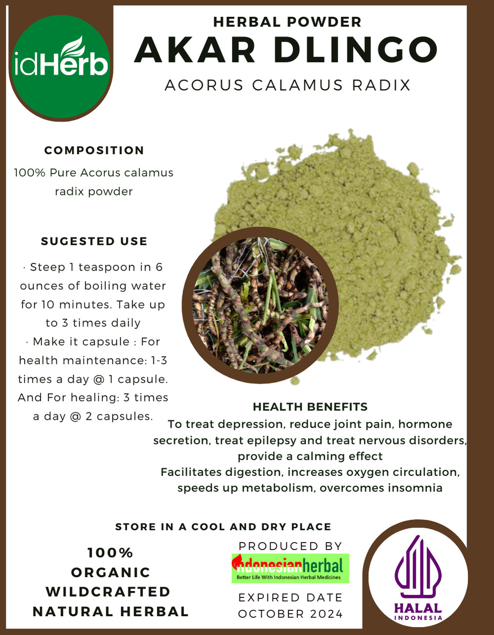 [idHerb] 50-500 gram Powder Sweet flag Acorus Calamus Radix Organic WildCrafted