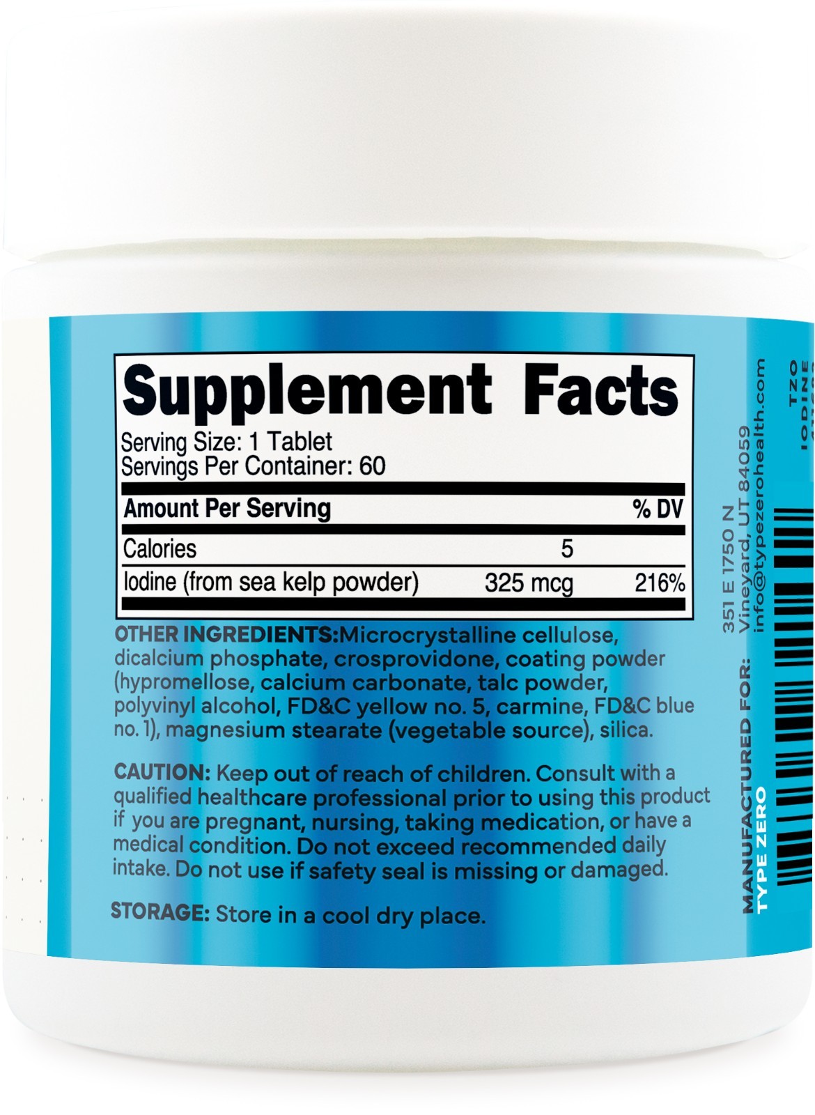 Type Zero Iodine Tablets (60 Count) 325mcg – from Sea Kelp, non-GMO, Gluten-Free