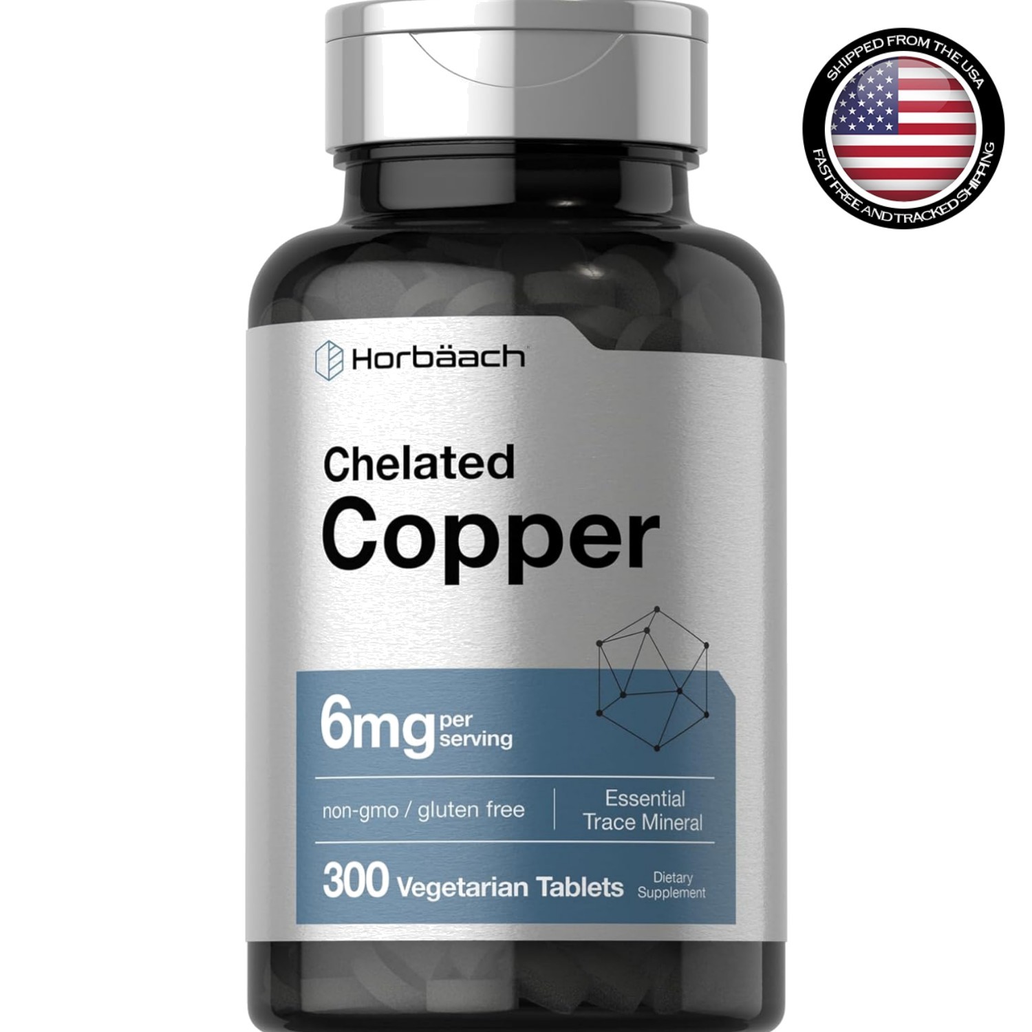 Chelated Copper Supplement 6mg, 300 Tablets, Non-Gmo & Gluten Free, by Horbaach