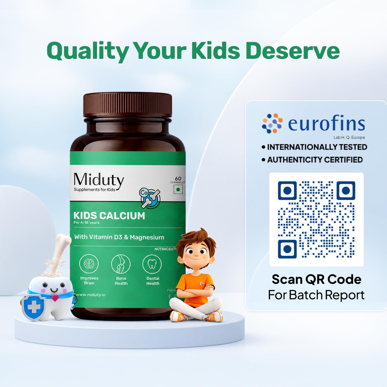 Miduty Kids Chewable Calcium 350mg w/ D3 K2 Magnesium Strong Bones 60 Tabs