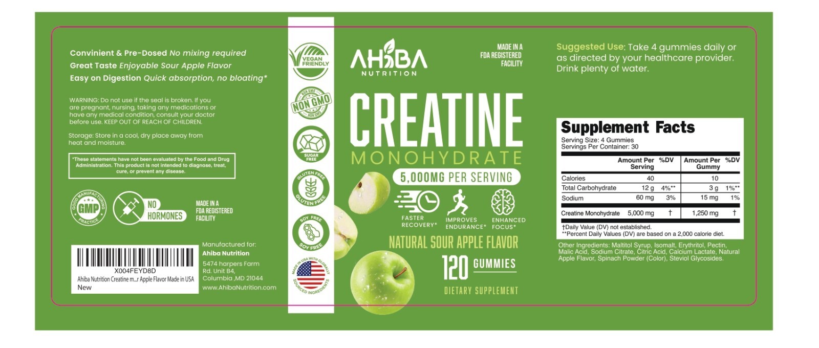 Monohydrate Creatine Gummies | USA made | 120 Count | Vegan | Sugar FREE | 5MG