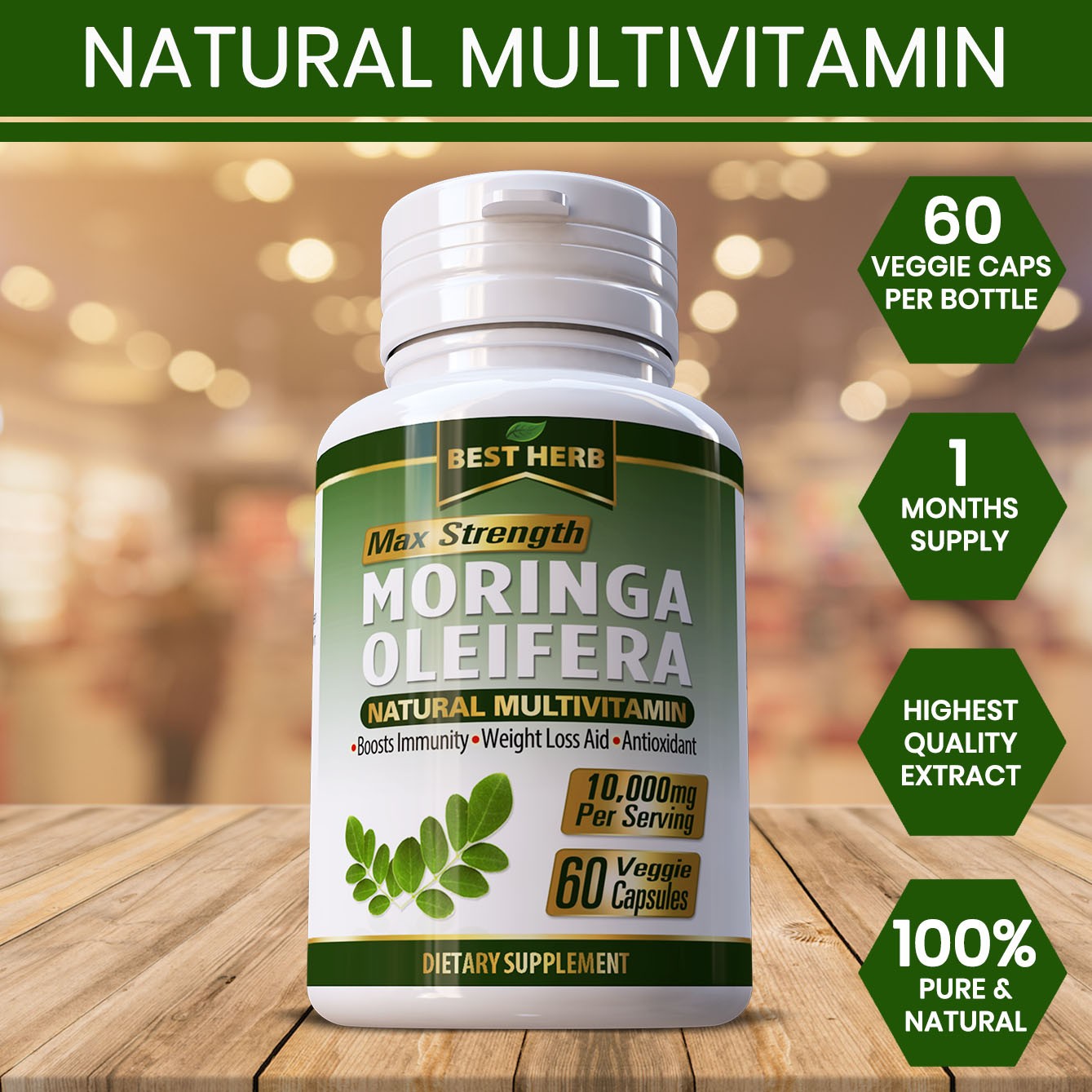 180 PILLS ORGANIC MORINGA LEAF PURE EXTRACT 10,000mg MULTIVITAMIN IMMUNE BOOSTER