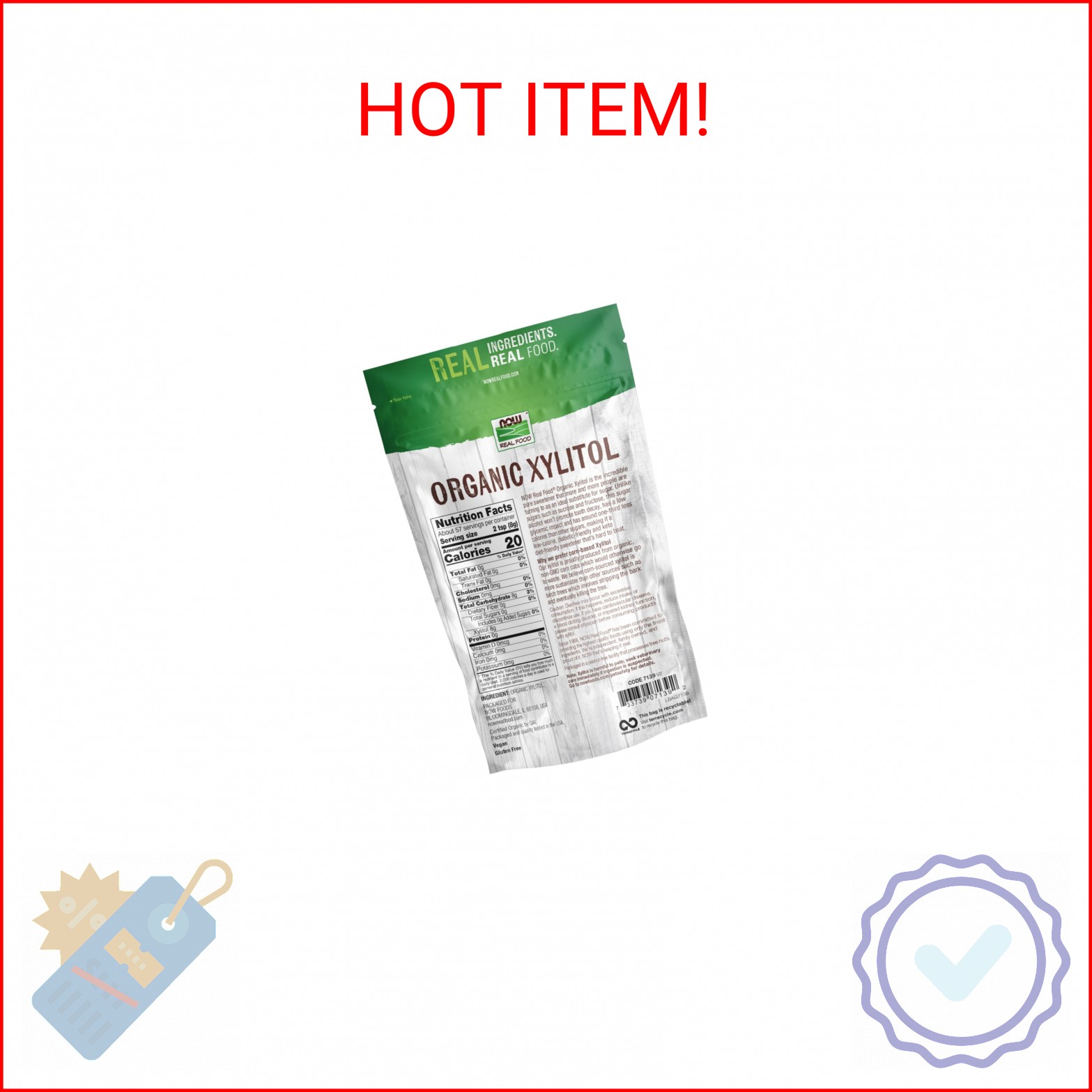 NOW Foods, Organic Xylitol, Pure with No Added Ingredients, Keto-Friendly, Low G