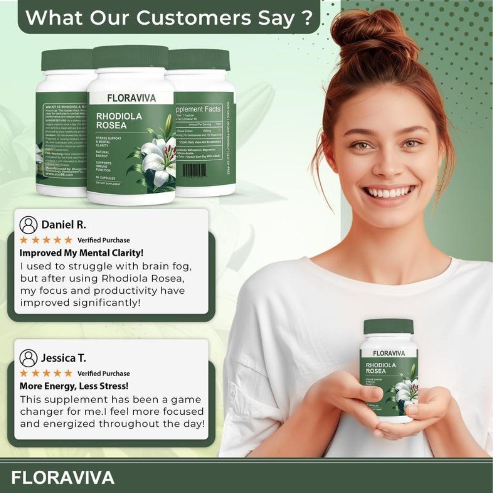 2 BOTTLES—LUXRY NEW Floraviva Rhodiola Rosea Capsules Supplement Healthcare