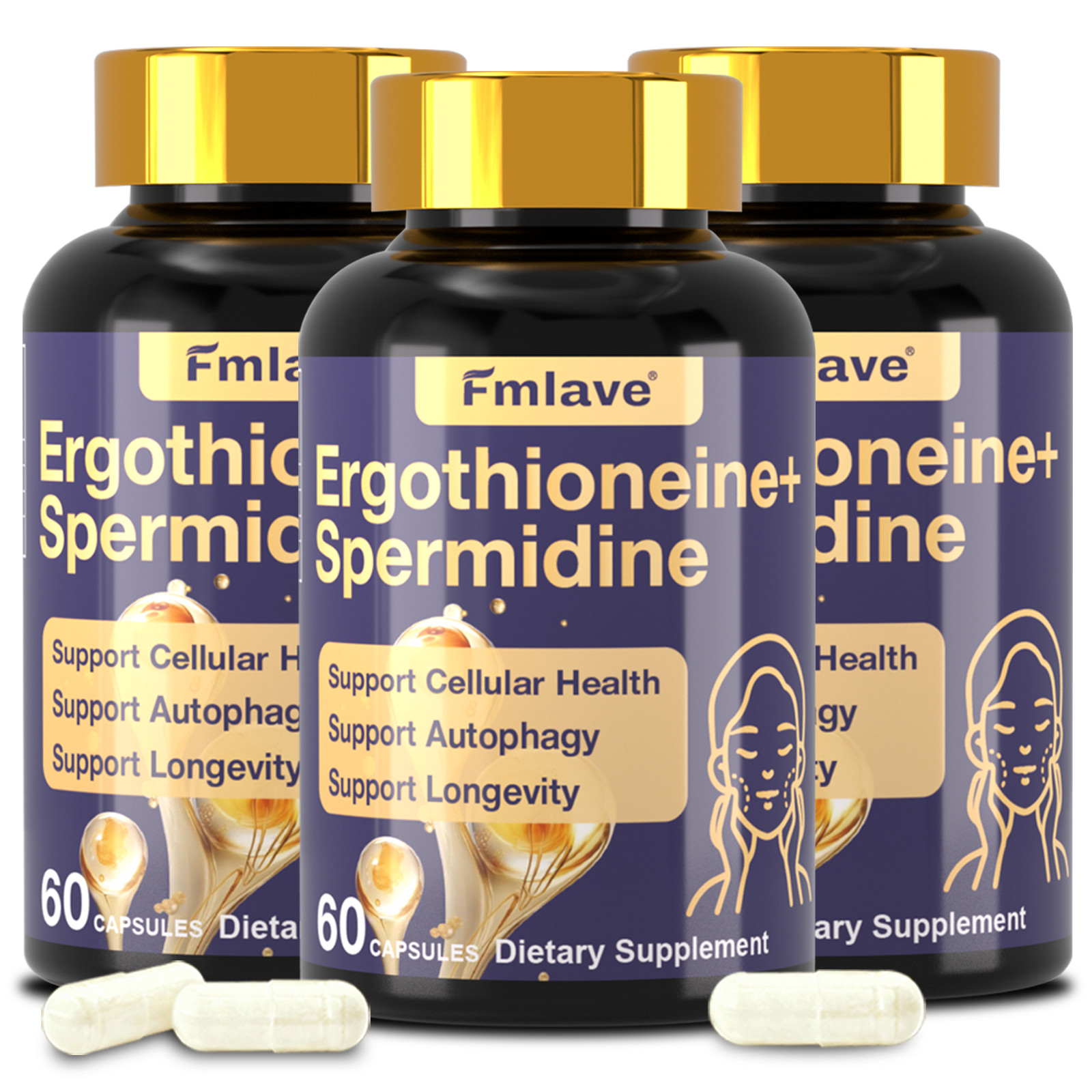 3pack L-Ergothioneine + Spermidine Supplement Longevity & Healthy Aging Support