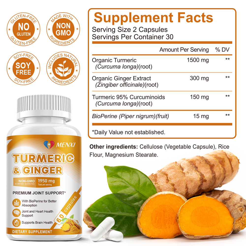 Turmeric Curcumin 1950mg 95% w/ Ginger & BioPerine Black Pepper 60 Caps
