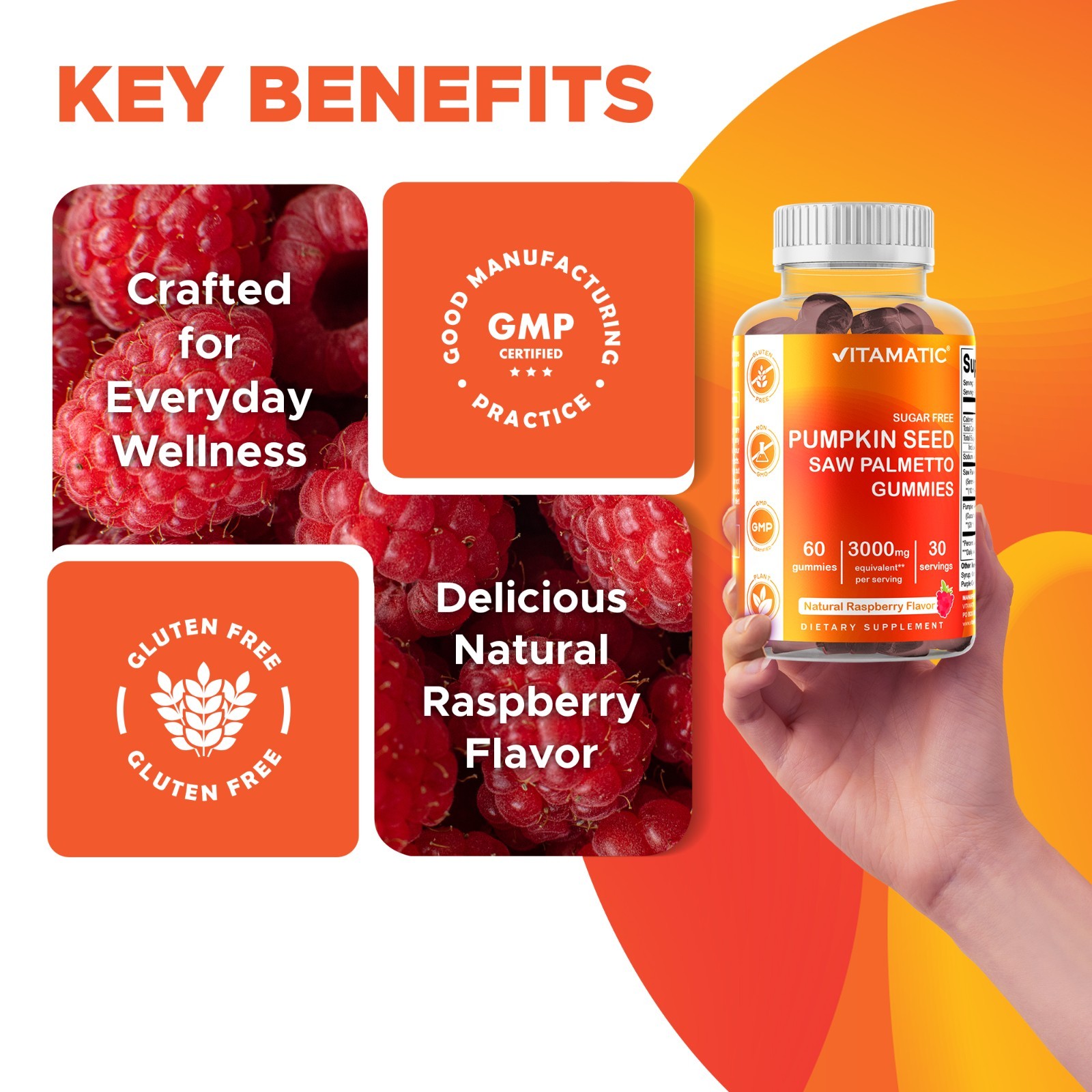 Vitamatic 2 Packs Sugar Free Pumpkin Seed Gummies Natural Raspberry Flavor-60 ct