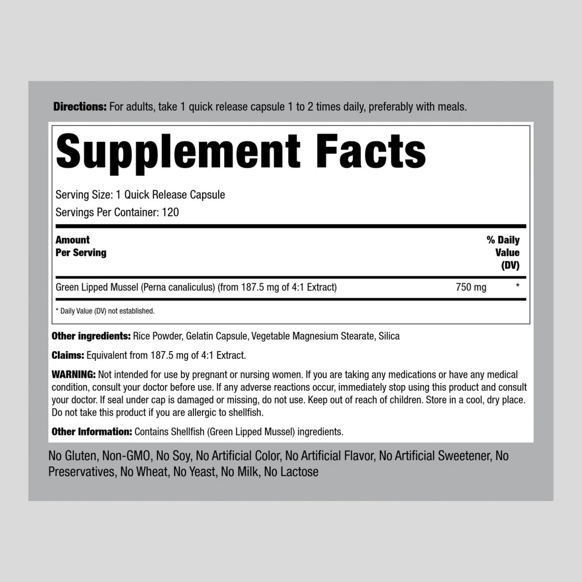 Green Lipped Mussel Capsules | 750mg | 120 Count | Non-GMO | by Piping Rock