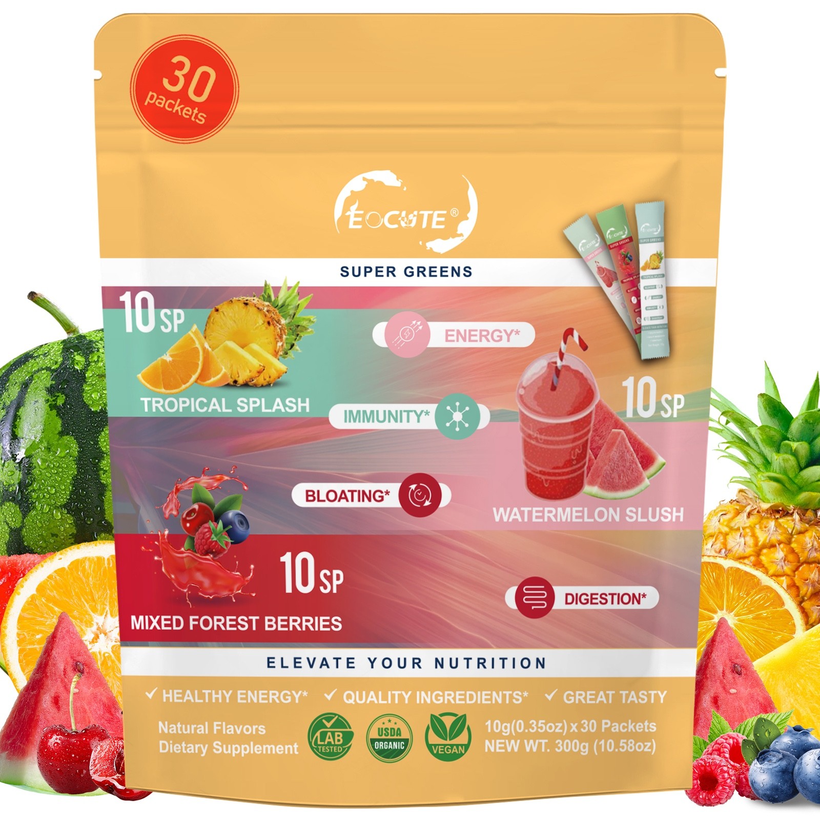 Super Greens Powder Reduce Bloat Digestive Health for Women 3 flavors-30 packets