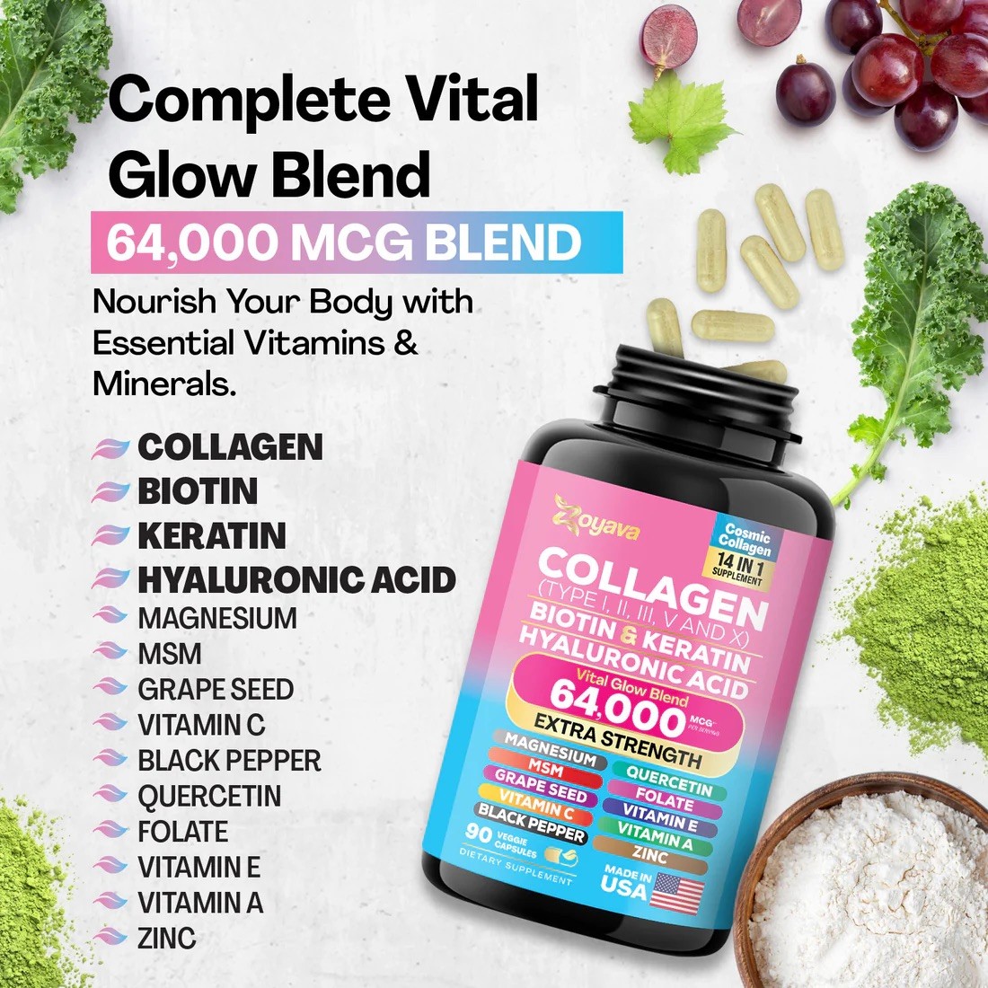 Zoyava Collagen Pills Peptides Types I, II, III, V & X – NEW ~ SHIPS FROM USA