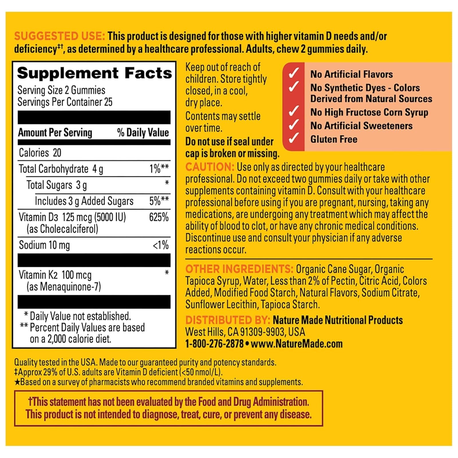 Nature Made Vitamin D3 K2 Gummies, 5000 IU, Peach Flavor, 50 Count