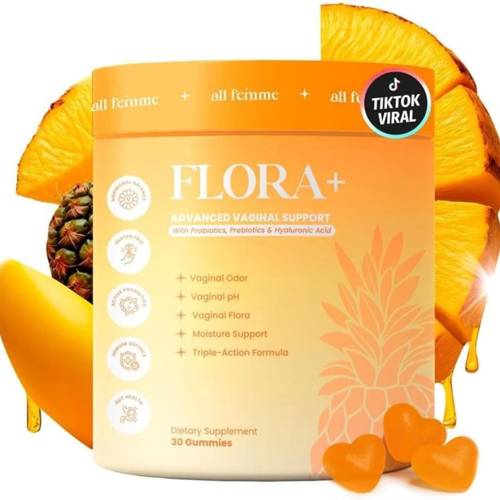 ALL FEMME Flora+ Women’s Probiotic Gummies 30 Ct Pineapple Sugar Free Vegan
